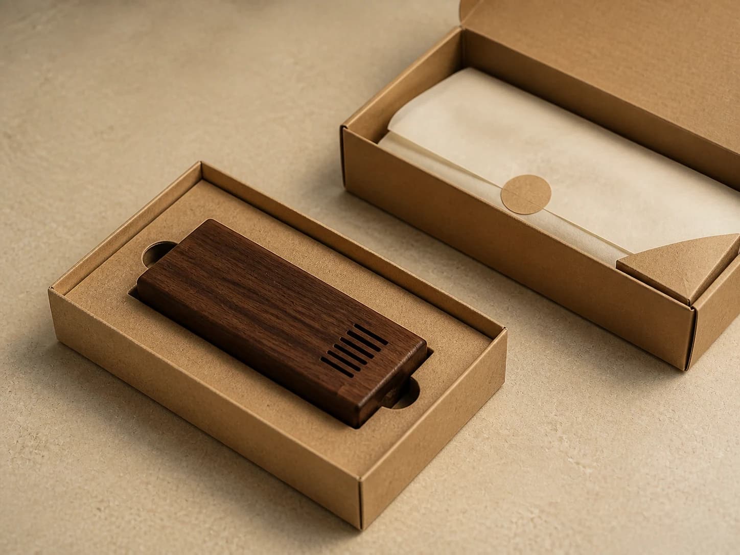 Closed wooden oboe reed case secured inside protective packaging