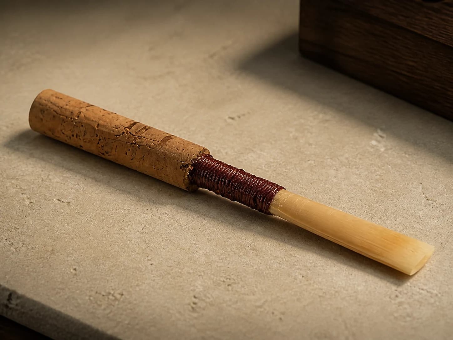 Handmade European-scrape oboe reed tied with burgundy thread
