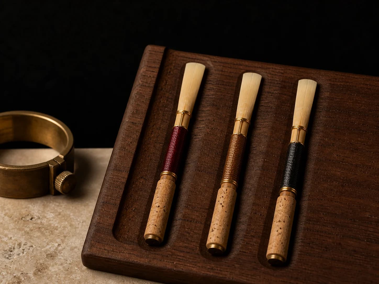 Oboe reeds arranged to compare different resistance profiles