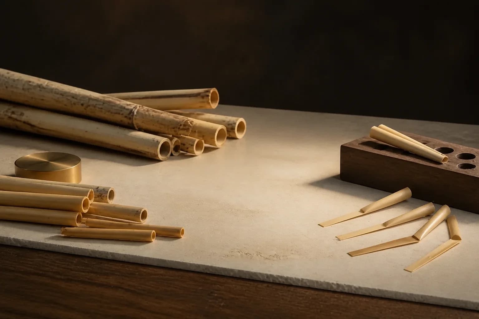 Oboe reed-making stages arranged on ivory stone and dark walnut
